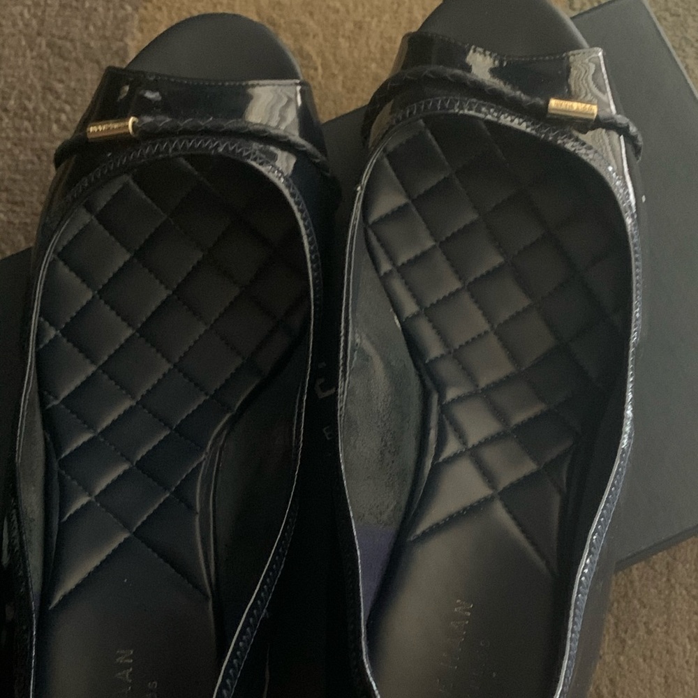 Black Emory Wedge Braided black peep toe shoes.